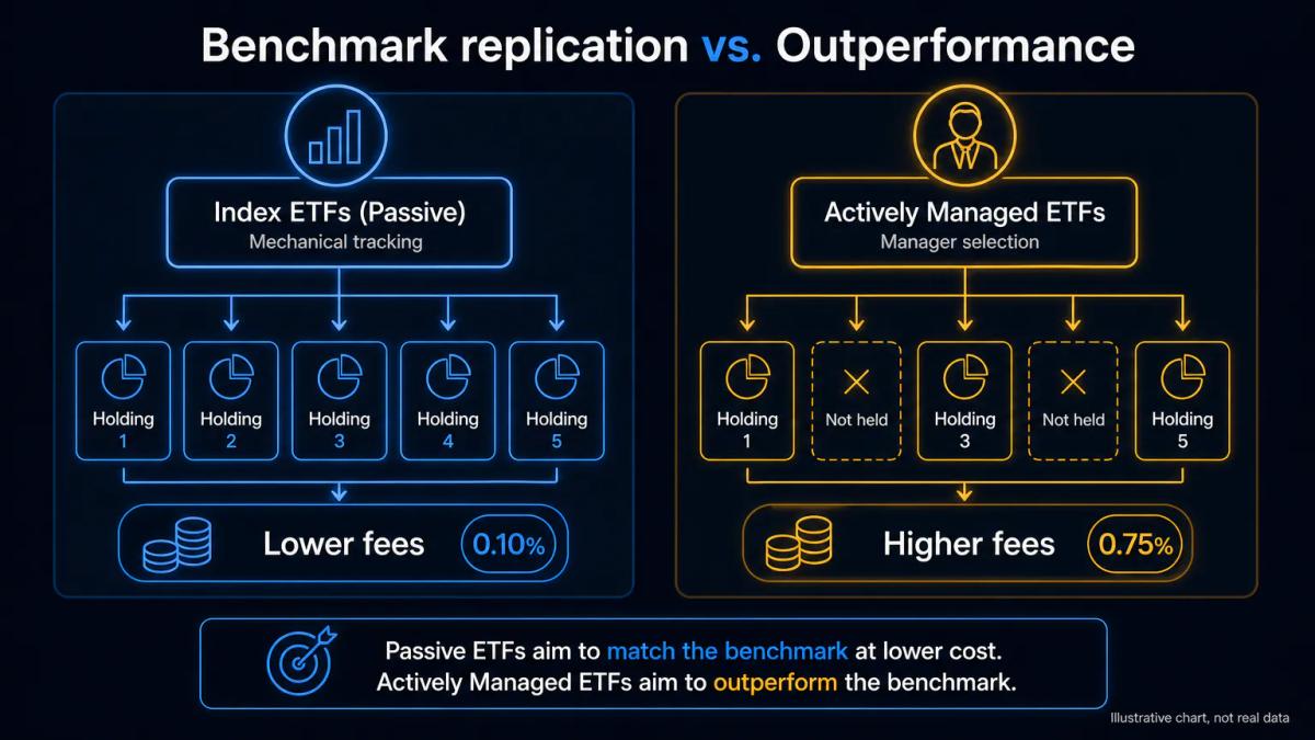 Side-by-side comparison of index ETF passive tracking versus active manager selection with cost labels