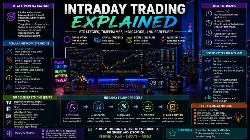 Intraday Trading Guide: Strategies, Timeframes, Indicators, and Screeners