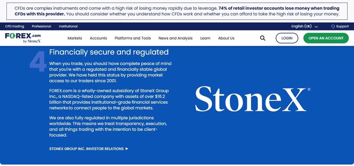 FOREX.com UK Why choose us page highlighting StoneX backing and regulation badges