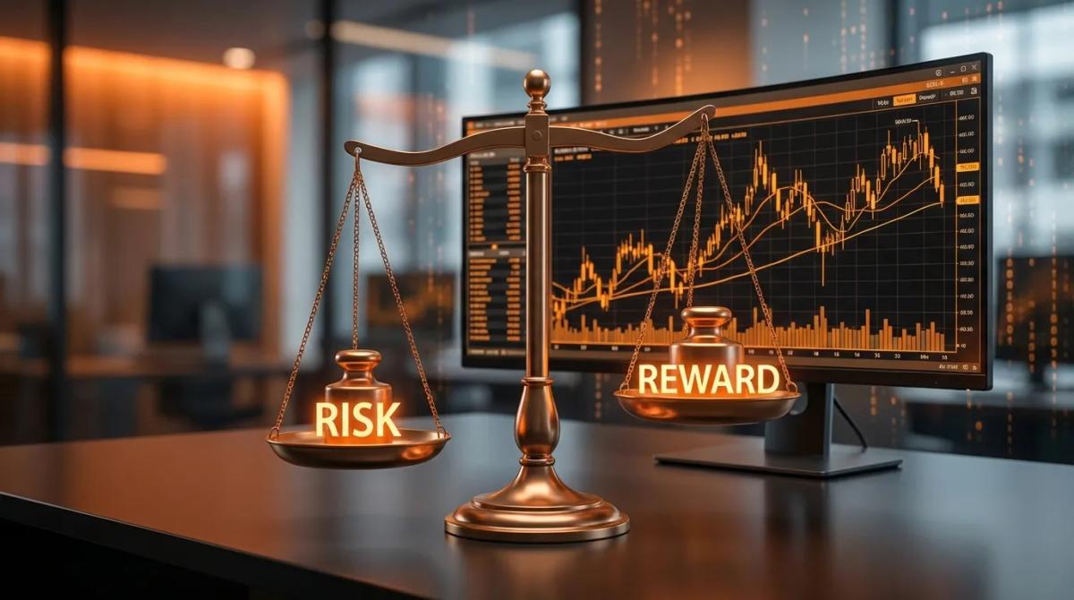Balance scale illustrating risk-reward ratio concept with trading chart background