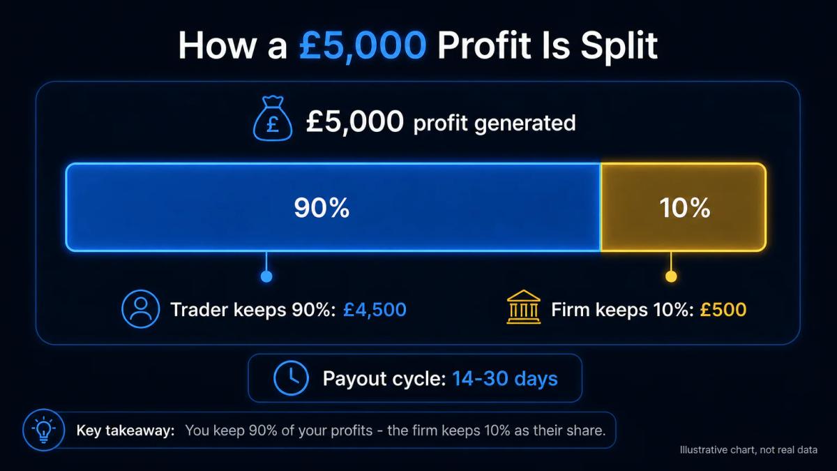 Profit split breakdown showing £5,000 earnings split into trader share and firm share with percentages