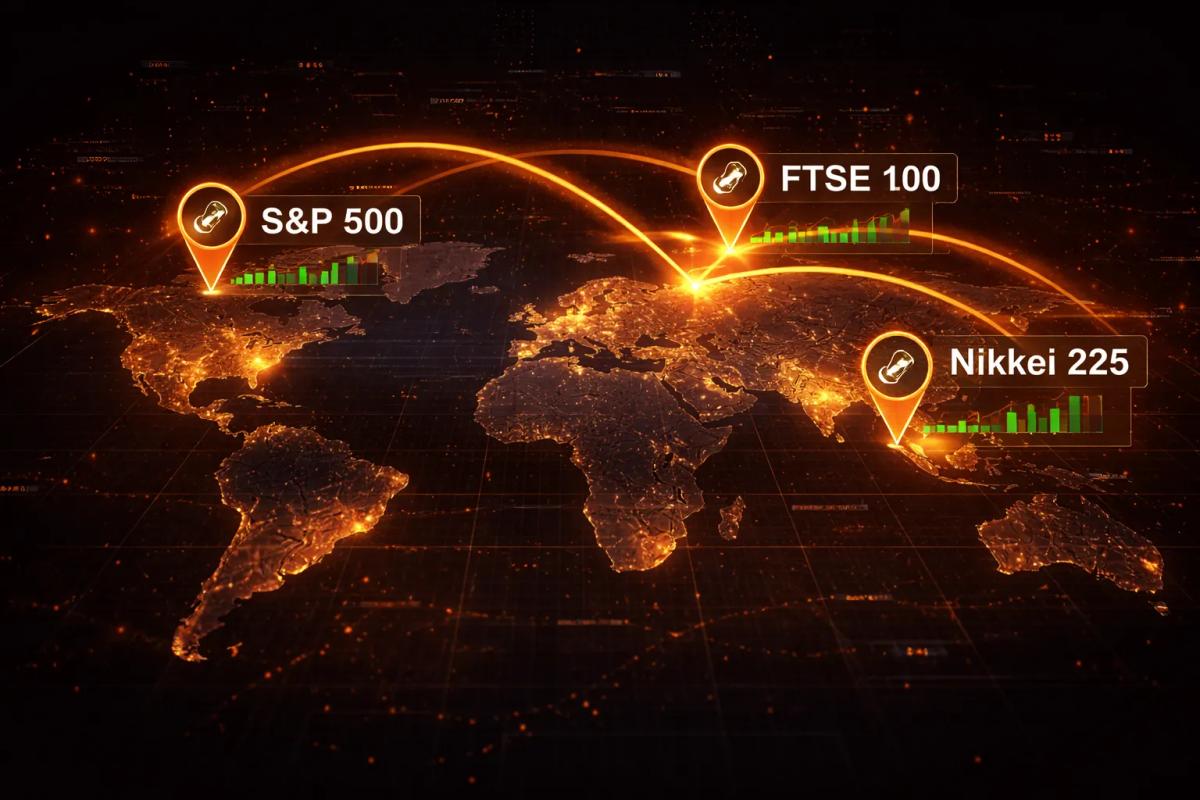 Global stock market indices including S&P 500 FTSE 100 and Nikkei 225 connected across world map