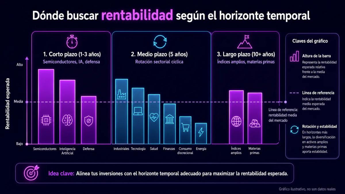 Gráfico editorial comparando rentabilidad de sectores en plazos de 1, 3 y 10 años