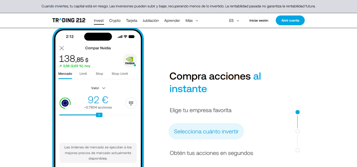 Interfaz web de Trading 212 con gráfico, lista de seguimiento y ticket de orden
