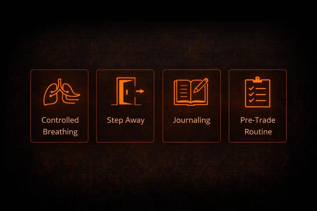 Icons representing four trading anxiety management techniques_ controlled breathing, stepping away, journaling, and pre-trade routines
