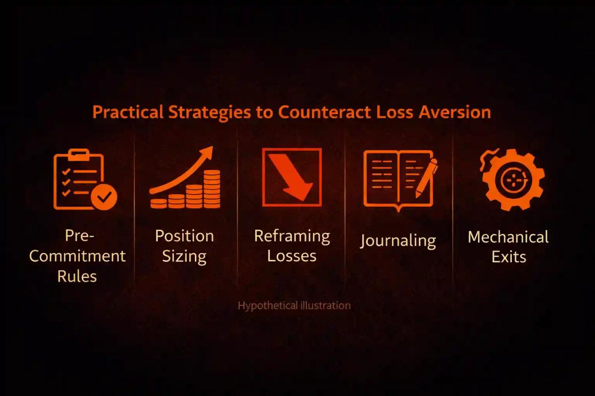 Five practical strategies to counteract loss aversion in trading: pre-commitment rules, position sizing, reframing losses, journaling, and mechanical exits
