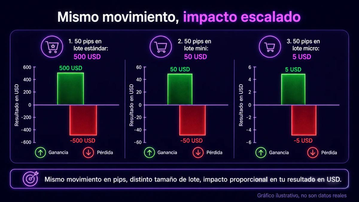 Tres barras de ganancias y pérdidas mostrando el mismo movimiento de 50 pips en lote estándar, mini y micro