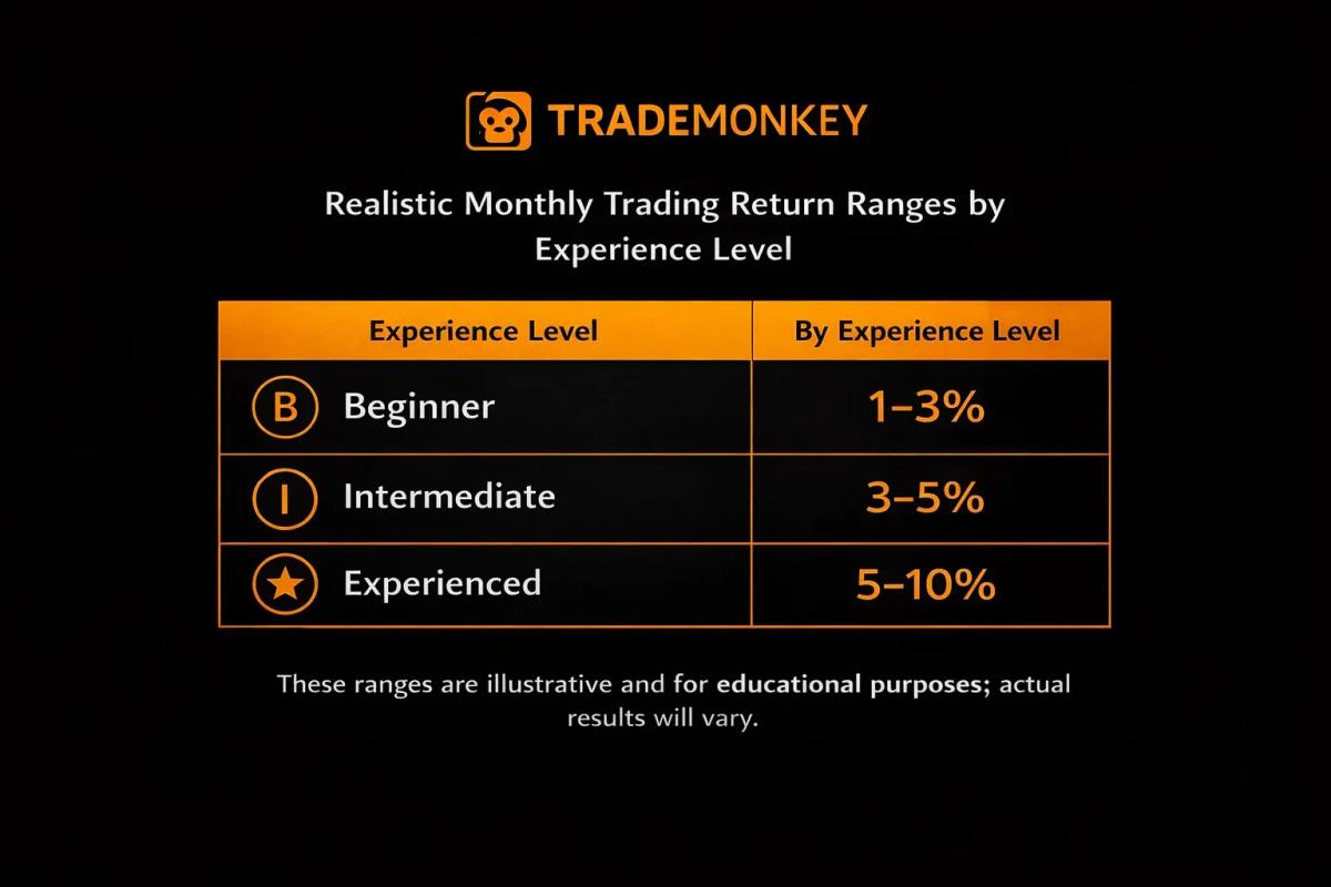 Infographic showing realistic monthly trading return ranges by experience level with educational disclaimer_11zon