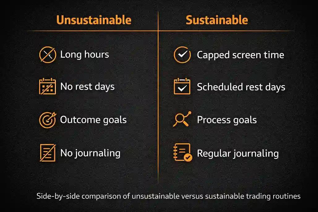 Side-by-side comparison of unsustainable versus sustainable trading routines