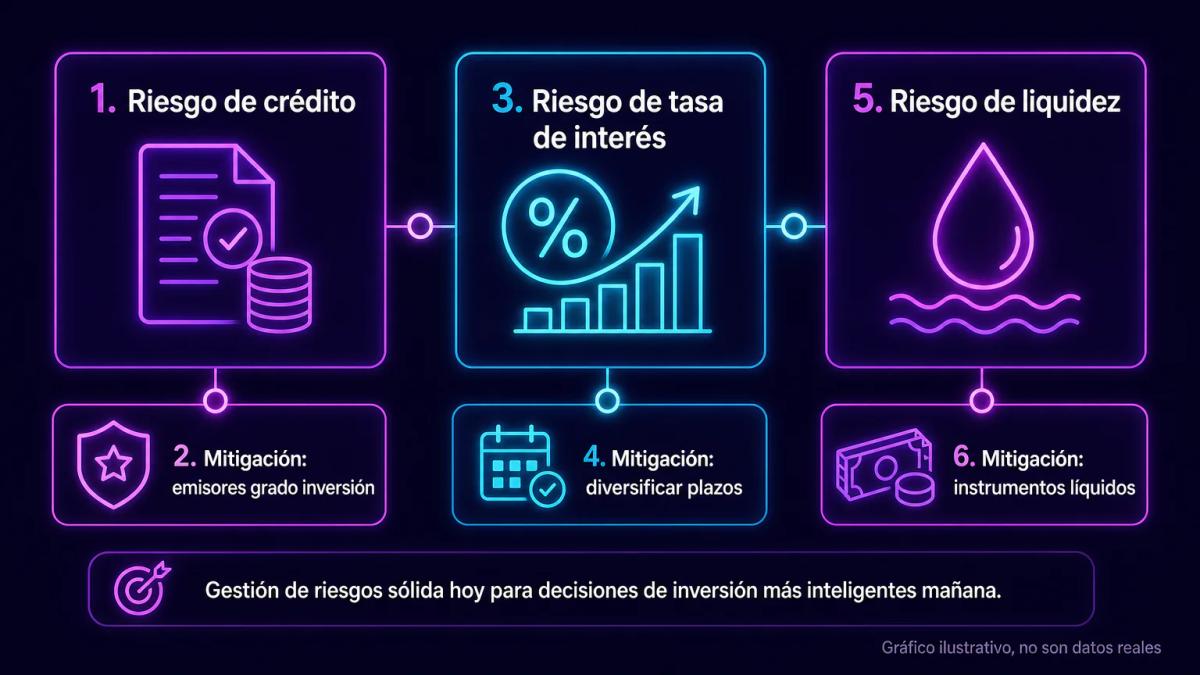 Diagrama de tres riesgos del mercado de dinero con ejemplos de mitigación