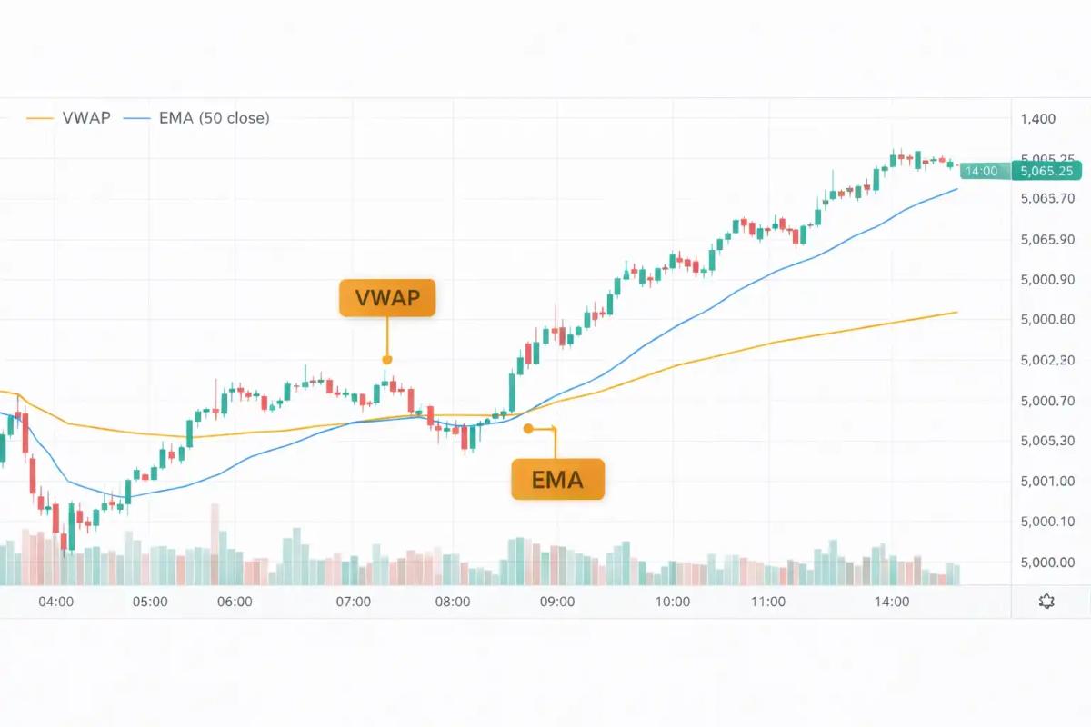 TradingView 5-minute chart with VWAP and EMA indicators showing a day trading setup