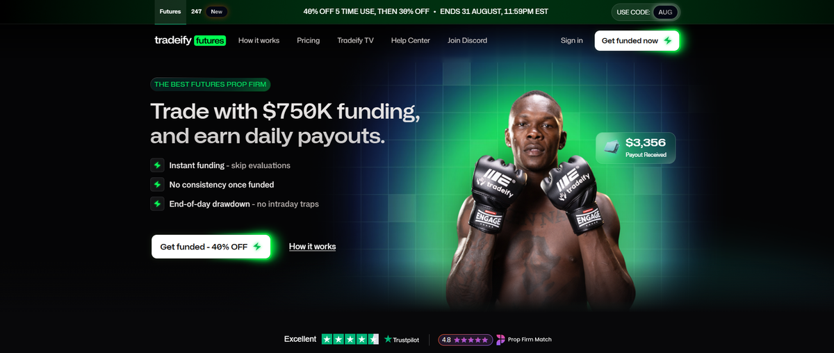 Hero del sitio de Tradeify con propuesta para traders de futuros y CTA principal