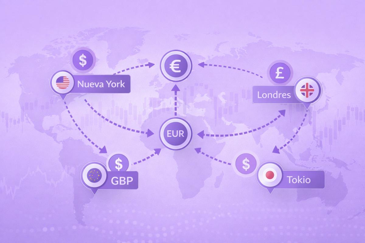 Representación visual del mercado forex global con centros financieros y símbolos de divisas