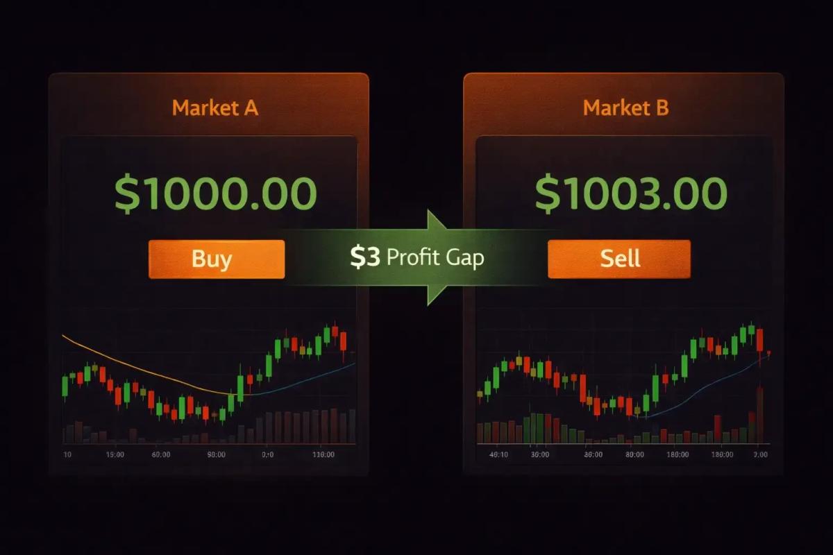 Illustration showing two market screens displaying different prices for the same asset with an arrow highlighting the arbitrage profit gap