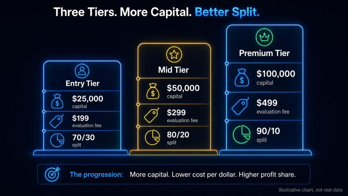 Three account tier columns showing capital amounts, evaluation fees and profit split percentages