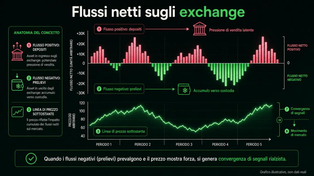 Grafico editoriale che mostra il flusso netto di Bitcoin verso e da exchange, con annotazioni per flusso positivo e negativo
