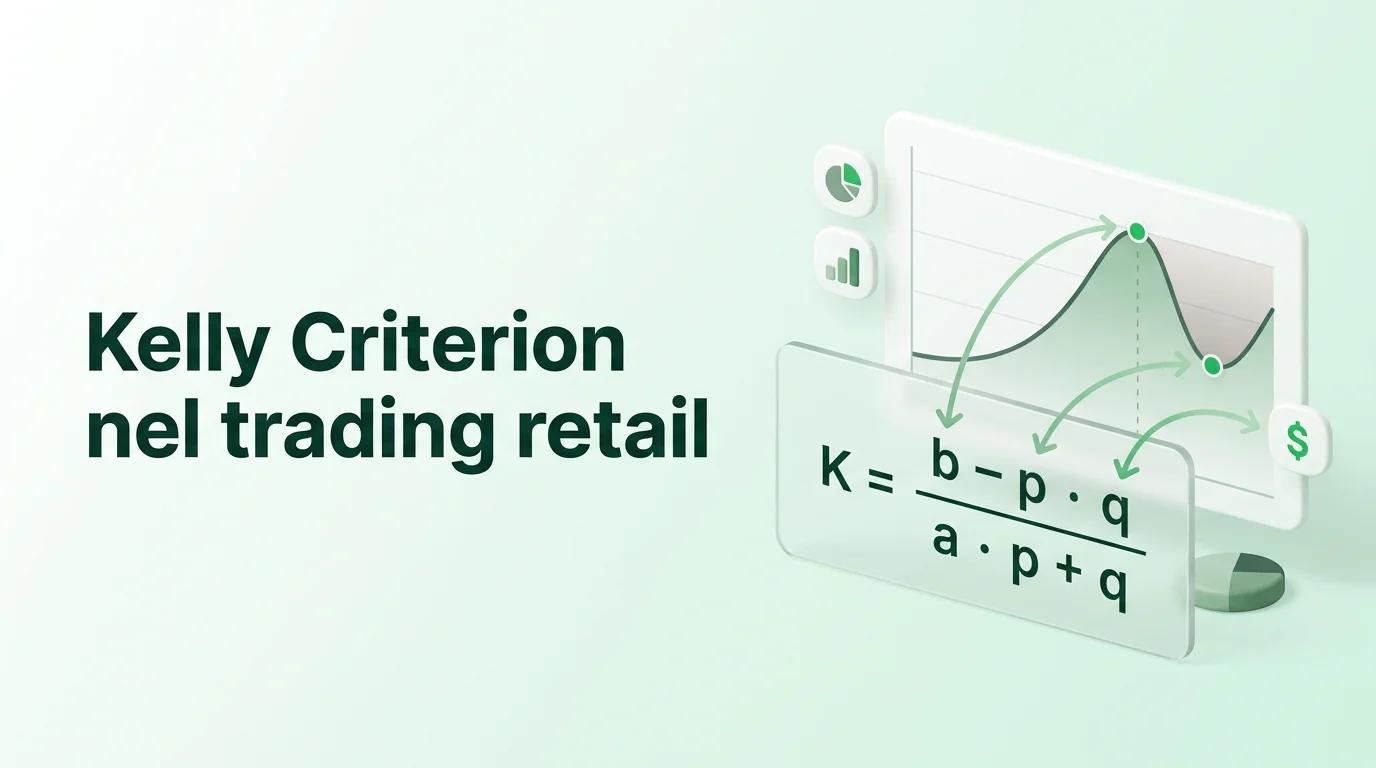 Formula matematica Kelly Criterion su sfondo di grafico di prezzo con curve di crescita e drawdown