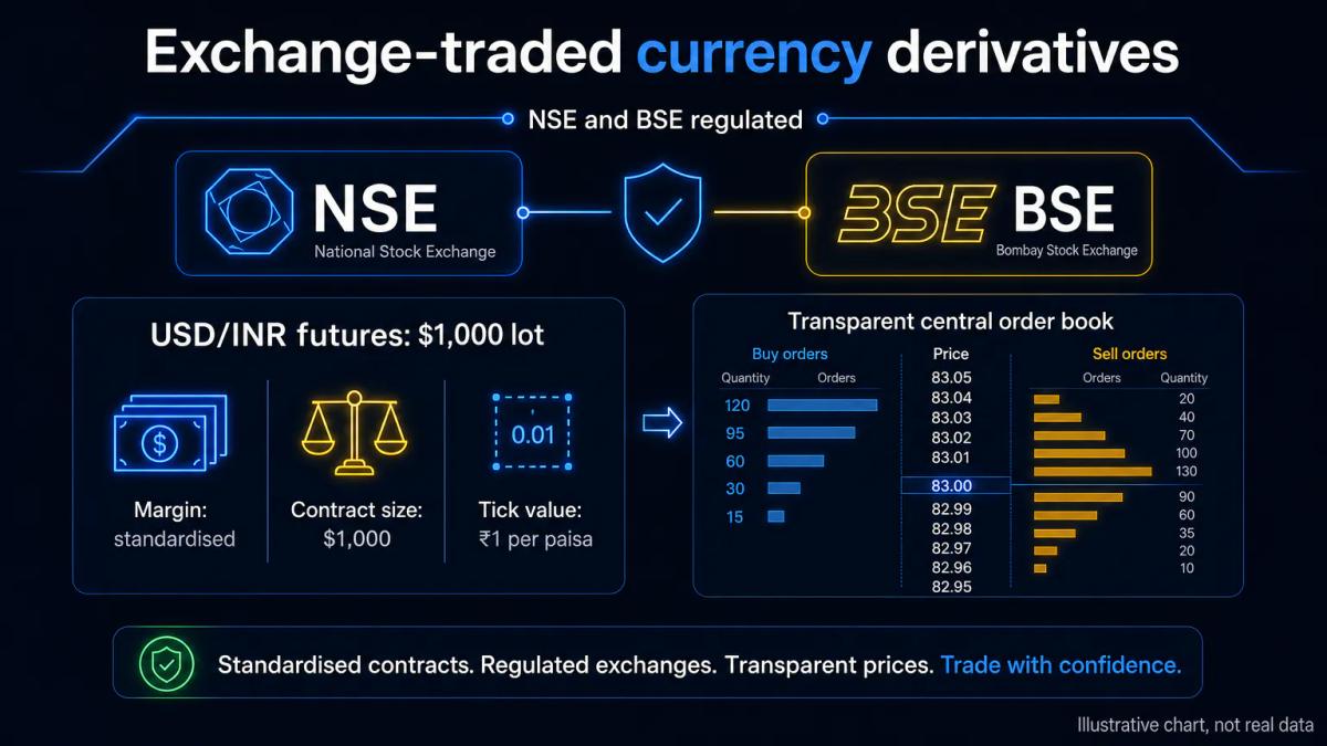 NSE and BSE exchange logos with standardised contract boxes showing USD/INR futures specifications