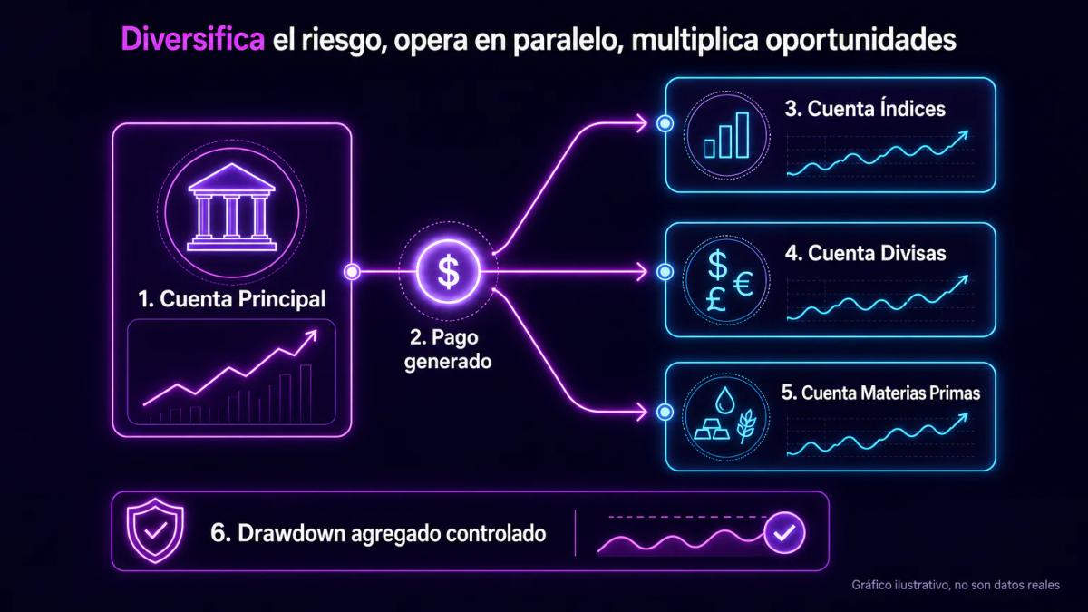 Diagrama de flujo mostrando pagos reinvertidos en nuevas cuentas paralelas con capital inicial diversificado