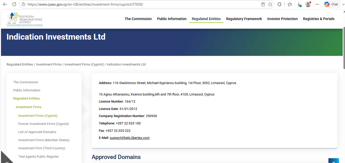 Pagina del registro CySEC con la licenza 164/12 di Indication Investments Ltd (Libertex)