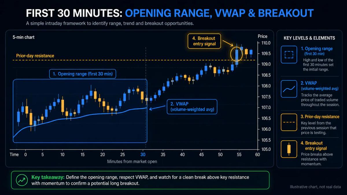 Five-minute chart showing opening range breakout with VWAP and prior support labeled