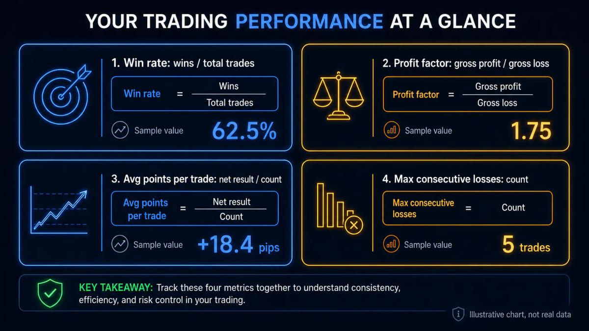 Four key performance metrics displayed as labeled cards: win rate percentage, profit factor ratio, average points per trade,