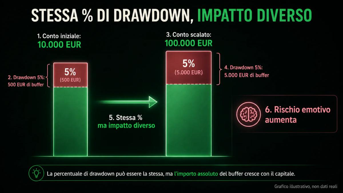 Confronto visivo di drawdown fisso in percentuale ma crescente in valore assoluto su due livelli di capitale