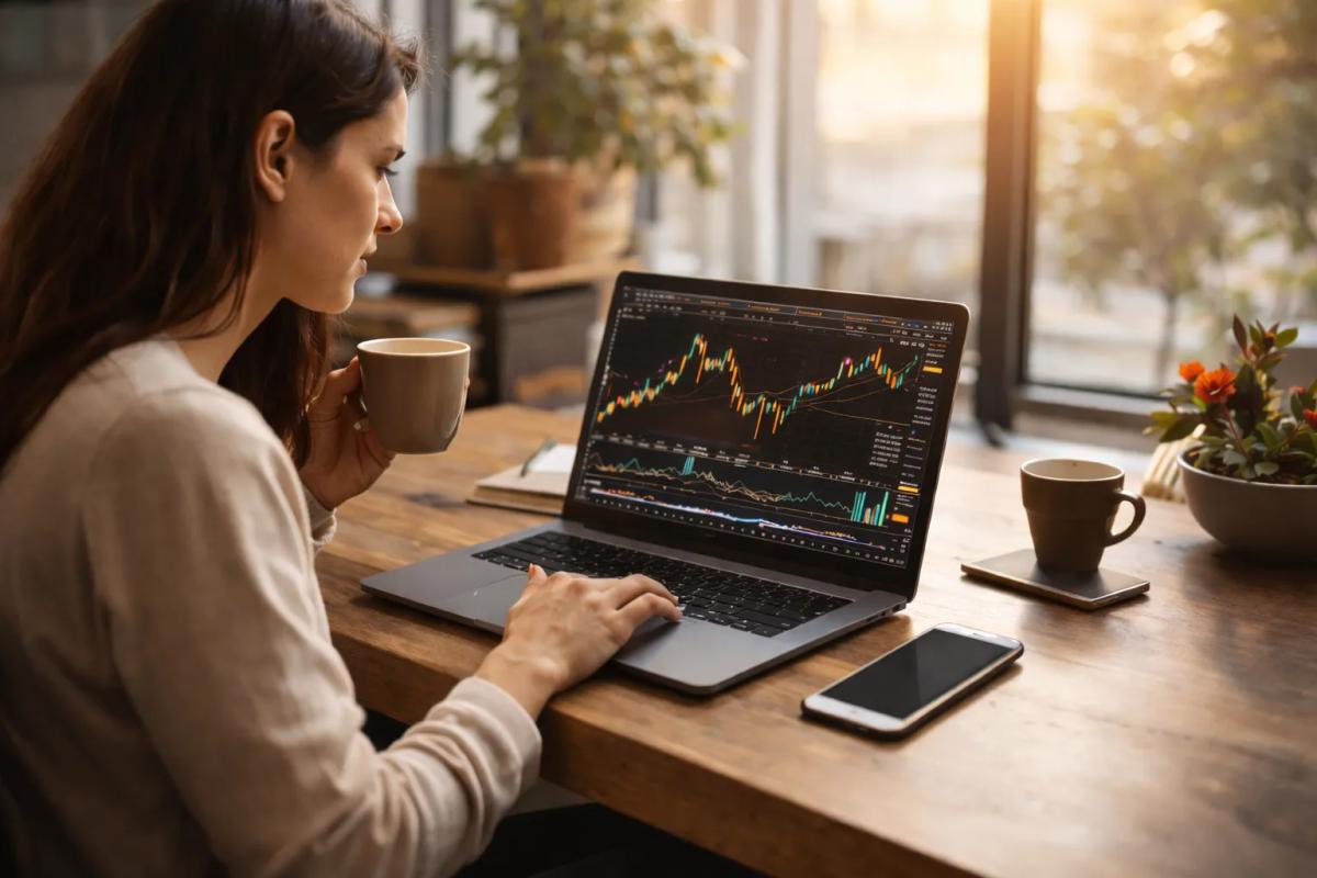 Person trading on laptop from home, demonstrating flexible trading lifestyle