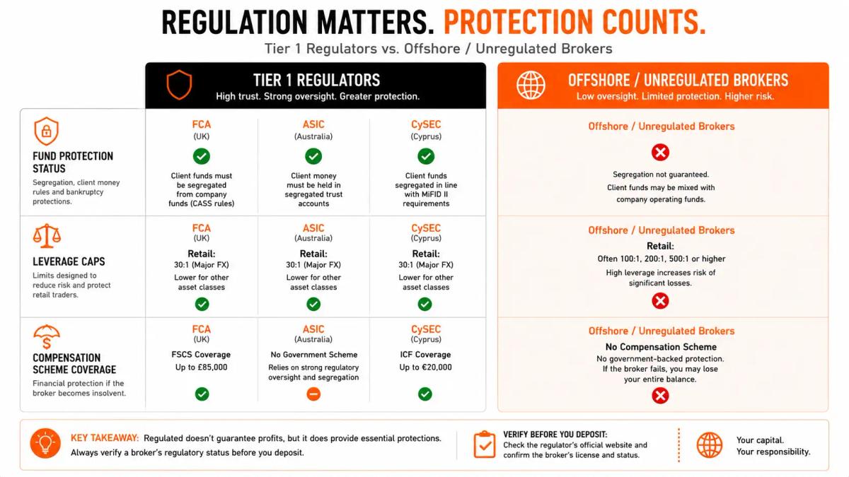 Visual comparison of Tier 1 regulators FCA, ASIC, CySEC versus offshore/unregulated brokers showing key differences in fund protection, leverage caps, and compensation coverage