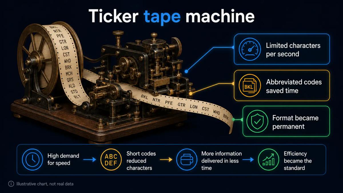 Vintage ticker tape machine printing abbreviated stock codes on paper tape at high speed