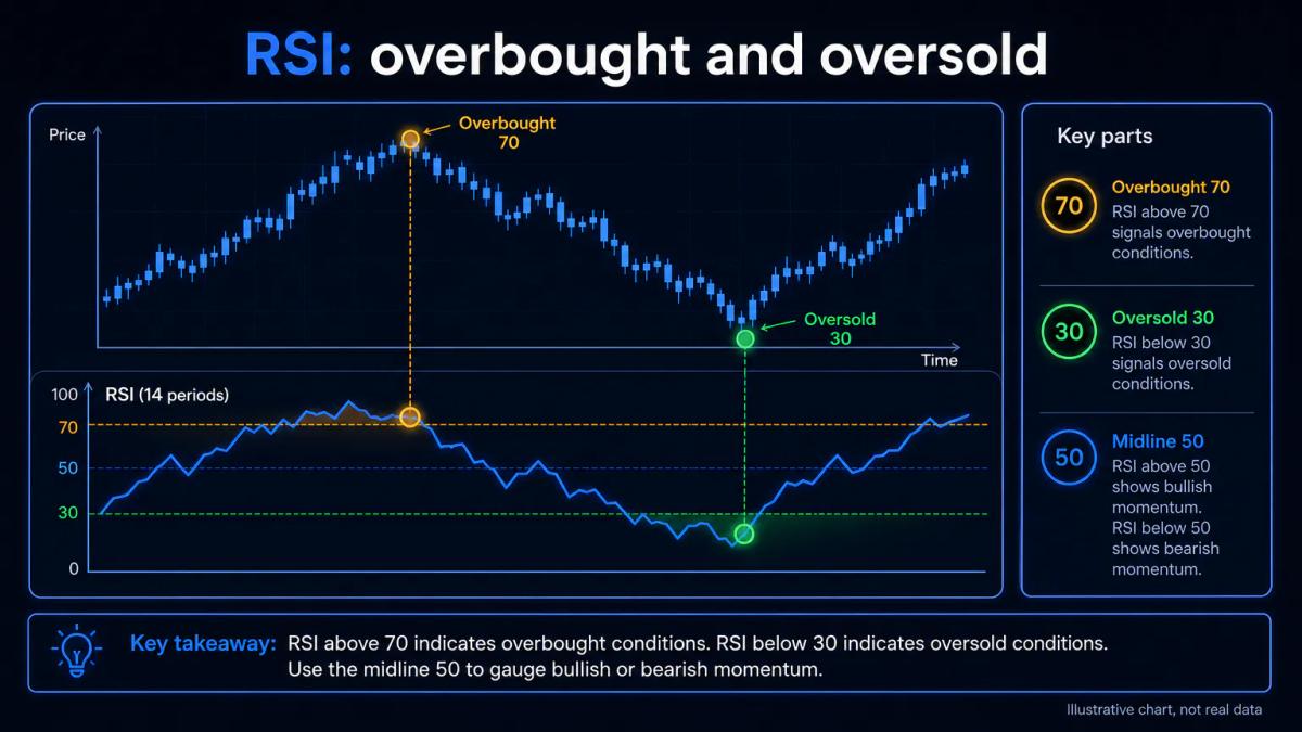 Illustrative chart of the RSI (14) with the overbought 70 and oversold 30 zones marked