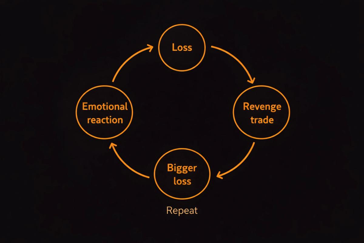 Cycle diagram showing the overtrading loop from loss to emotional reaction to revenge trade to bigger loss