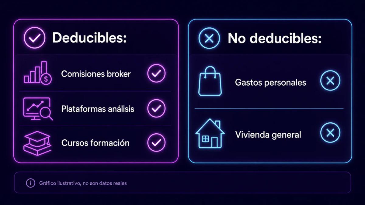 Tabla comparativa de gastos deducibles versus no deducibles en trading: comisiones, plataformas, cursos versus gastos persona