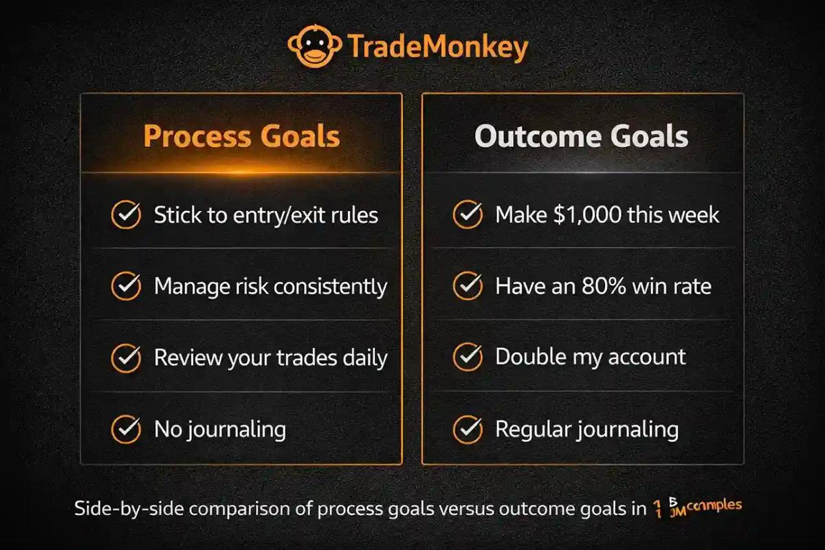 Side-by-side comparison of process goals versus outcome goals in trading with examples of each