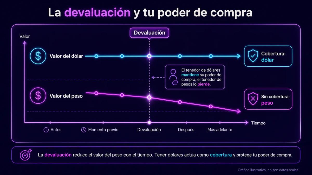 Dos líneas de tiempo paralelas mostrando dólar estable versus peso devaluado, con el dólar como cobertura