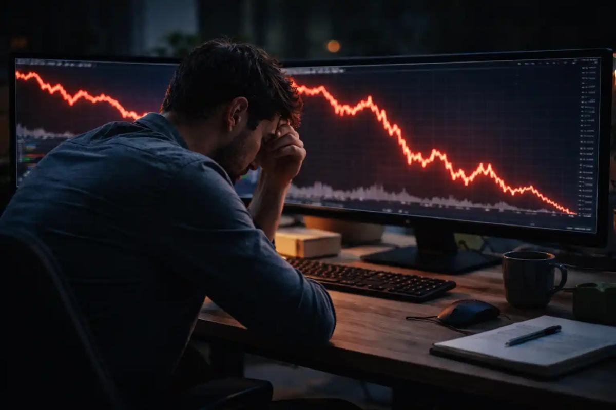 Trader experiencing a drawdown at a multi-screen trading desk showing declining red charts