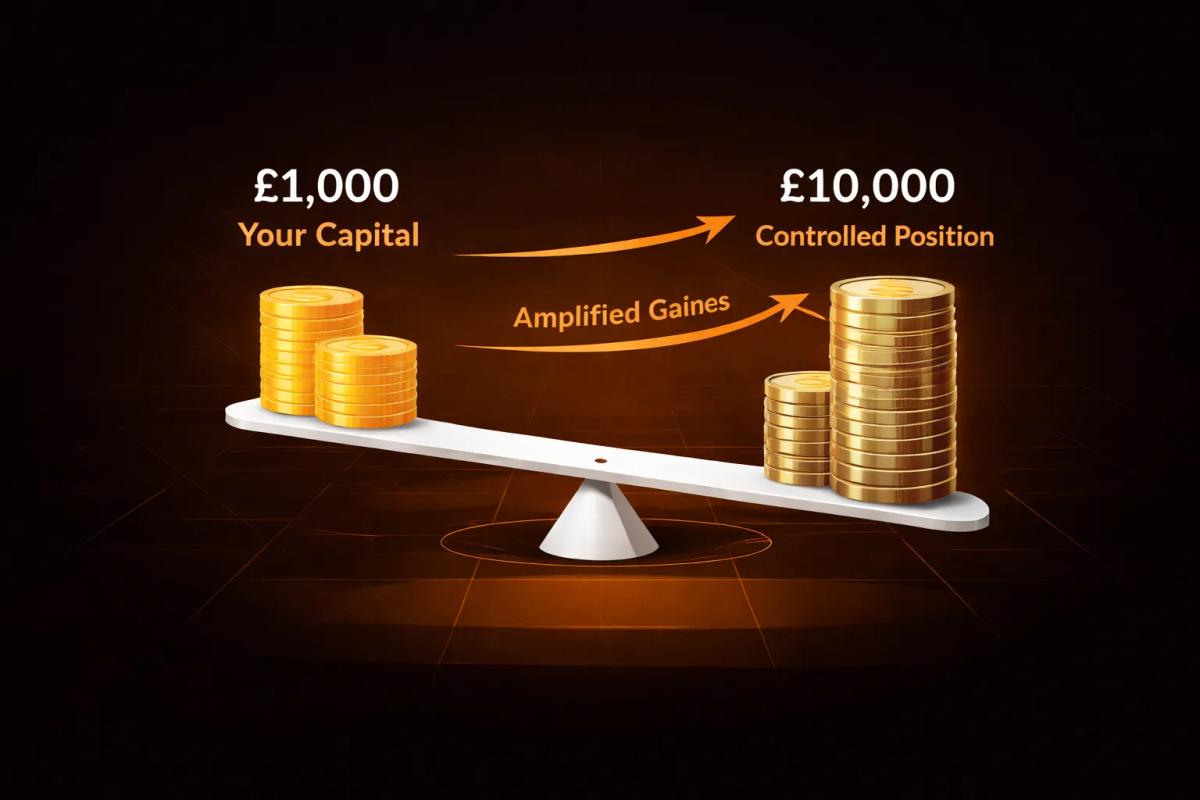 Diagram illustrating how trading leverage allows small capital to control larger positions, showing both potential gains and losses