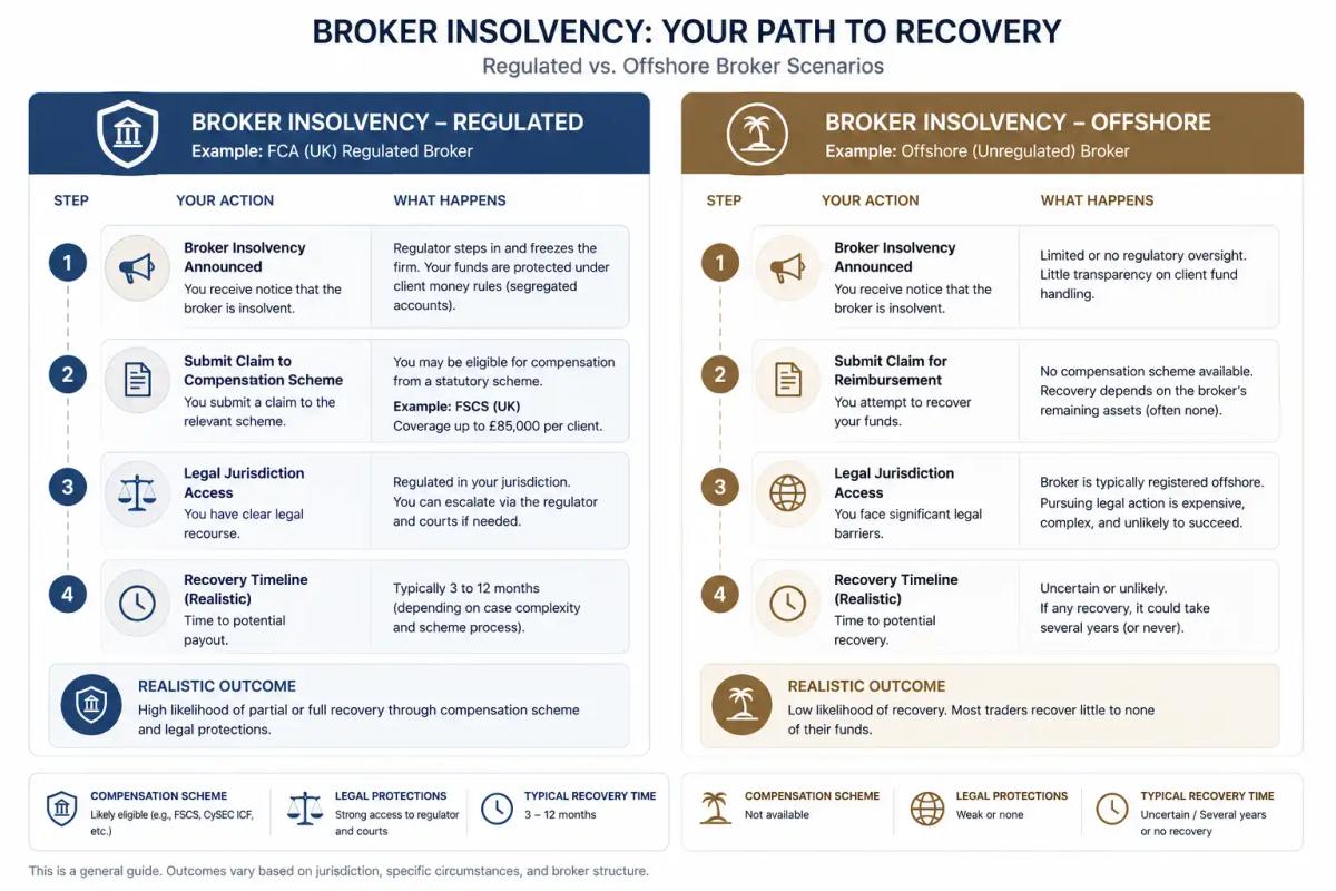 Fund recovery comparison diagram regulated broker insolvency vs offshore broker insolvency scenario
