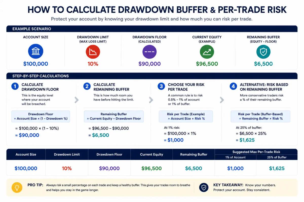 Infographic showing how to calculate prop firm drawdown buffer and per-trade risk from account equity