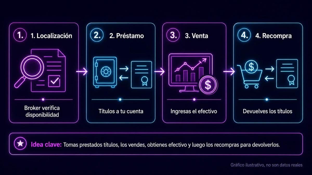 Ciclo de cuatro pasos de venta en corto: localización, préstamo, venta y recompra