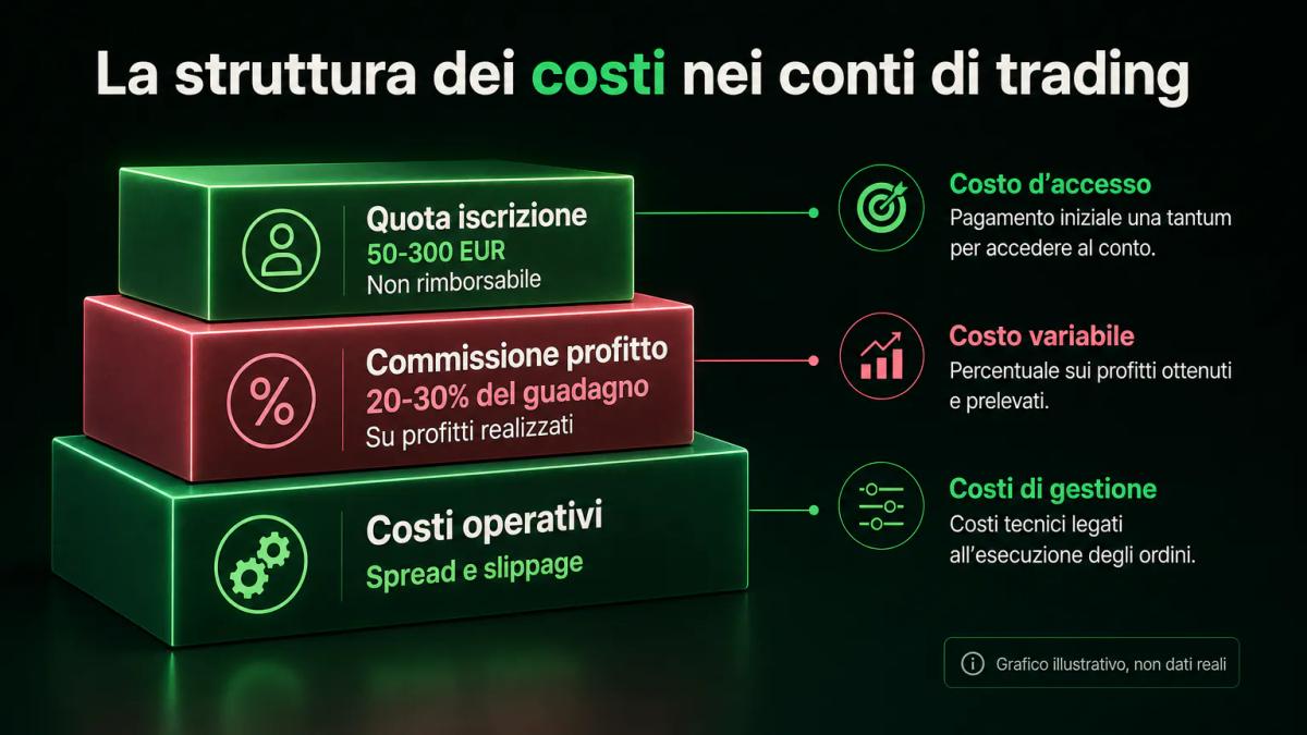 Tre livelli di costo rappresentati come blocchi sovrapposti: quota di iscrizione, commissione di profitto, costi operativi