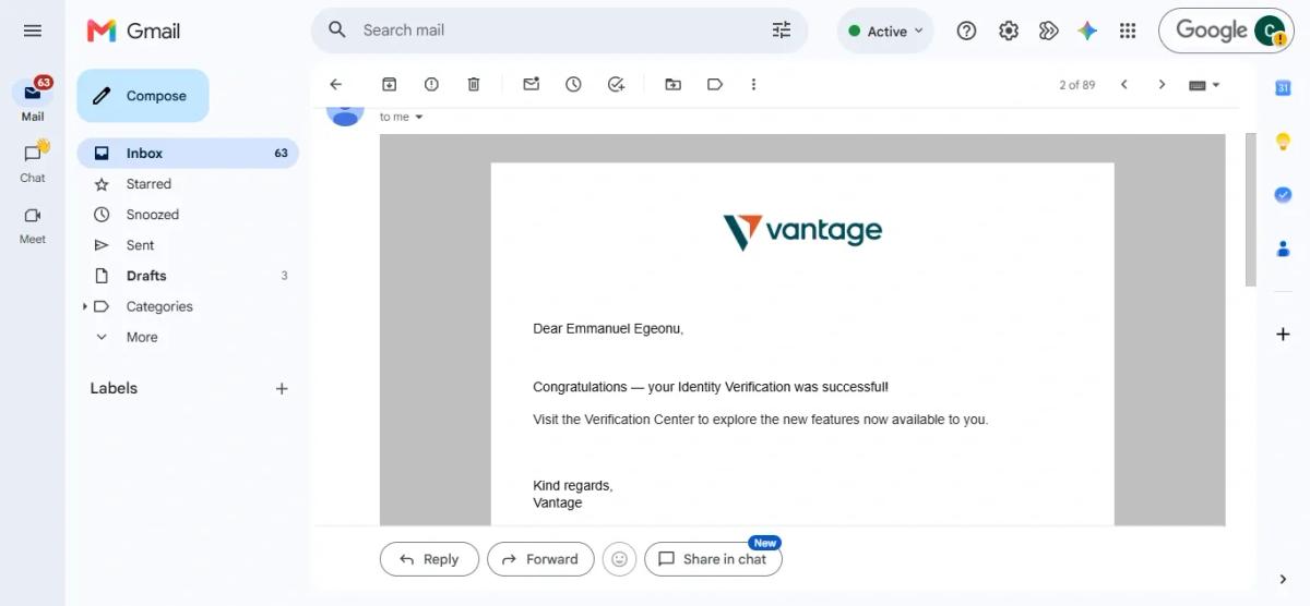 Vantage email confirming that identity verification was successful