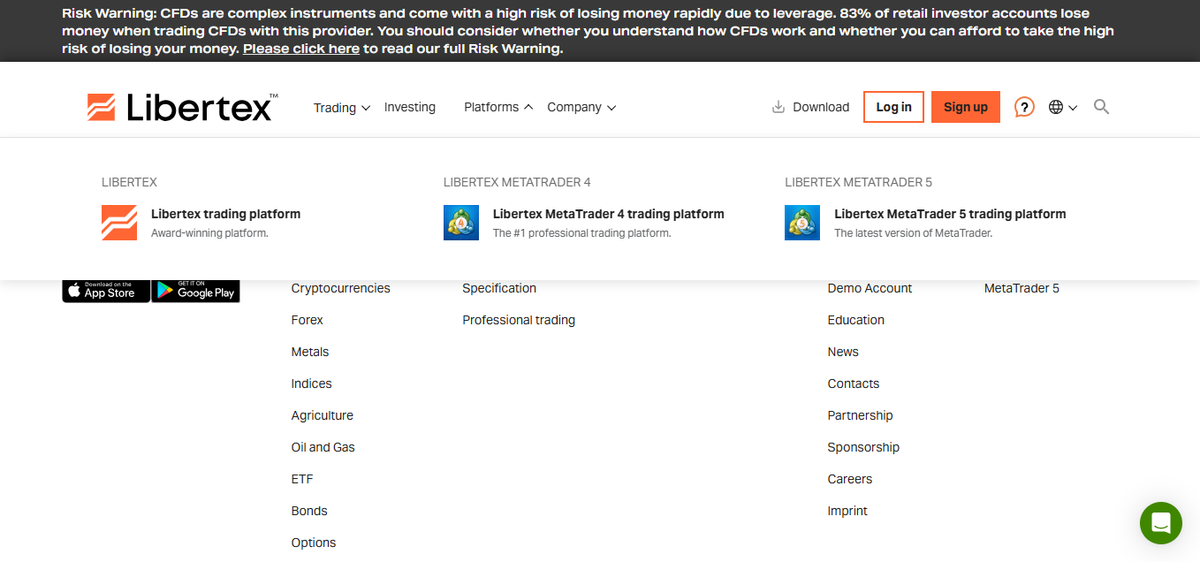 Libertex platforms page highlighting the Libertex platform and MetaTrader availability