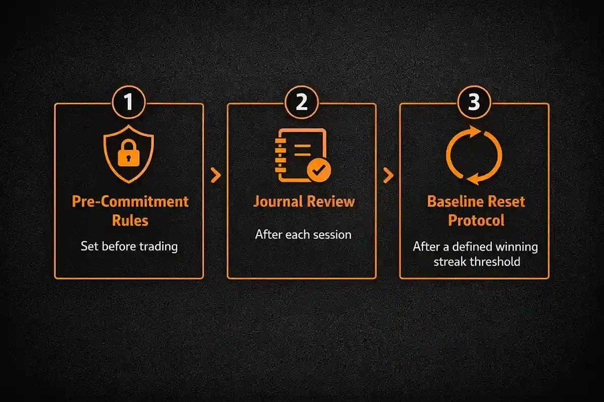 Three-step framework for protecting trading gains showing pre-commitment rules, journal review, and baseline reset protocol