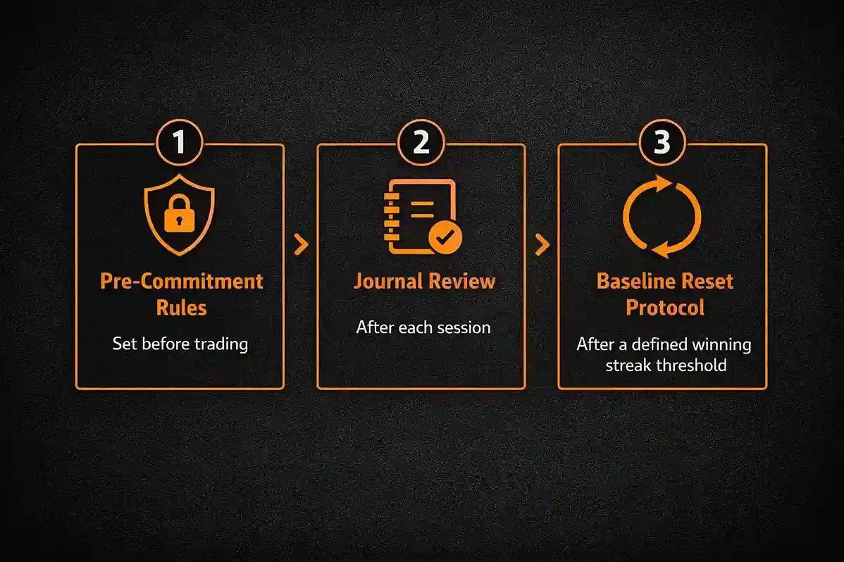 Three-step framework for protecting trading gains showing pre-commitment rules, journal review, and baseline reset protocol