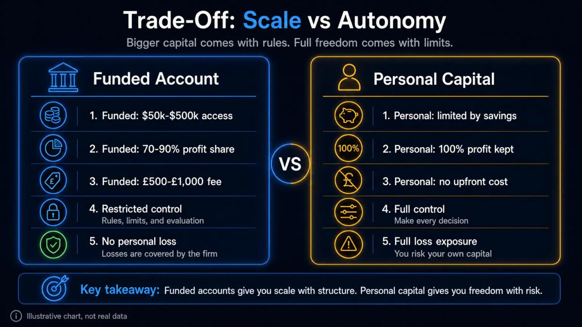 Side-by-side comparison table of funded account versus personal trading capital, showing access, control, costs and risk