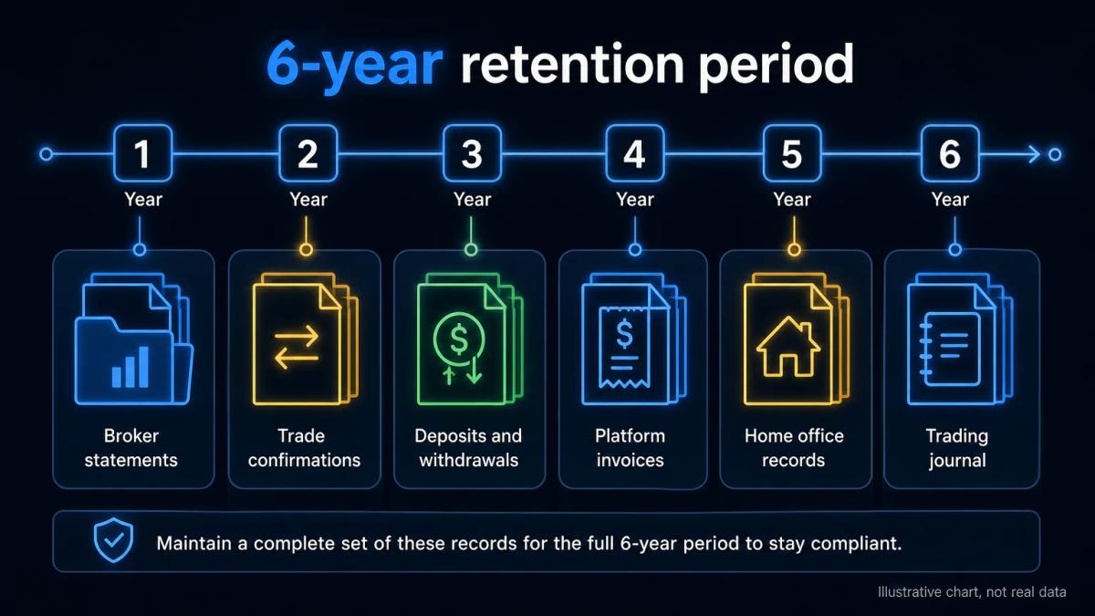 Six-year timeline showing stacked folders and documents: broker statements, trade confirmations, deposits and withdrawals, in
