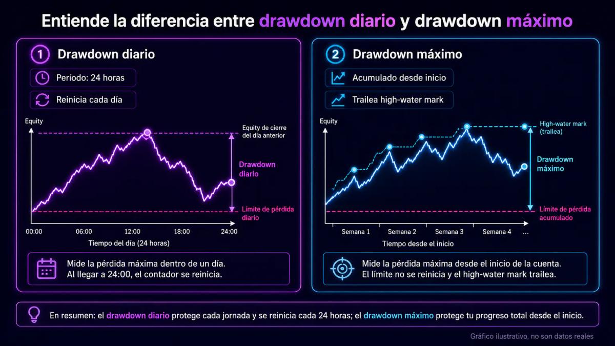 Tabla comparativa de drawdown diario versus drawdown máximo con parámetros, límites y ejemplos de cálculo