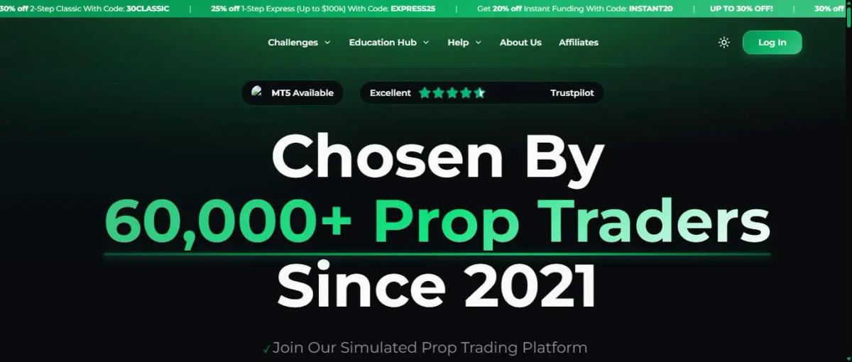 Screenshot of the Funded Trading Plus homepage showing the main headline, program types, and Trustpilot rating badge