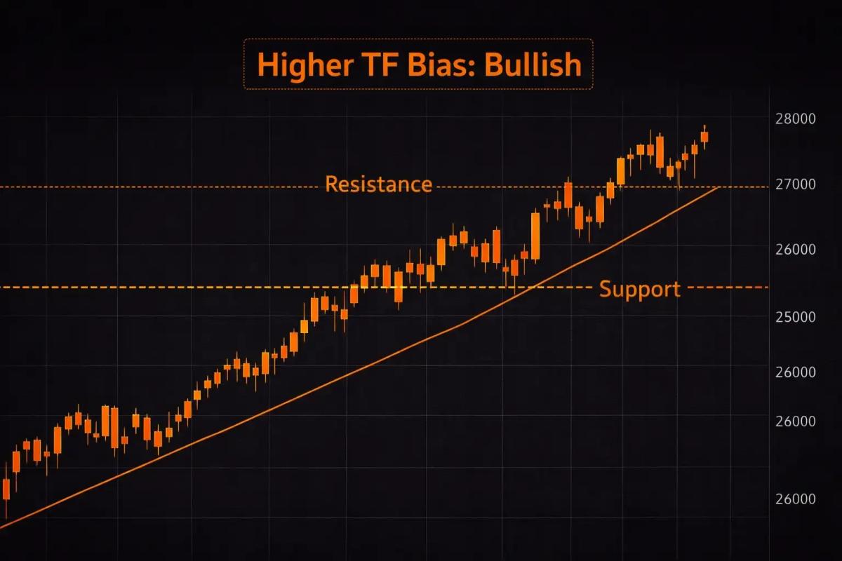 Annotated daily chart showing bullish higher-timeframe bias with trendlines and key levels marked